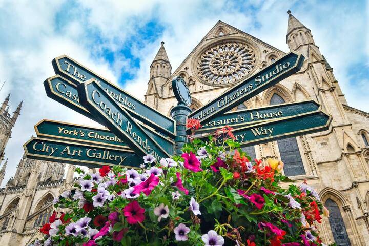 Signpost and flowers by the Minster